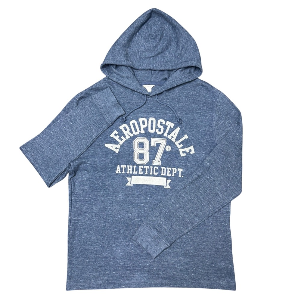 NWOT Aeropostale 87 Athletic Dept Blue Heathered Long Sleeve Hooded Tee Large